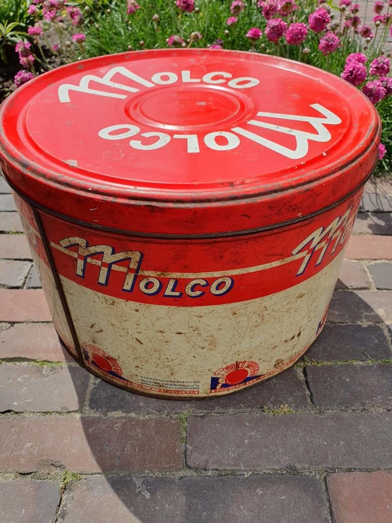 Antiek MOLCO'S Fabrieken bakkerijgrondstoffen winkel blik, Verzamelen, Blikken, Ophalen of Verzenden, Gebruikt, Overige