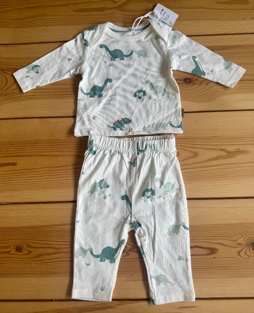 Prenatal baby pyjama (tweedelig) - Wit Groen Dino - maat 56, Kinderen en Baby's, Babykleding | Maat 56, Nacht- of Onderkleding