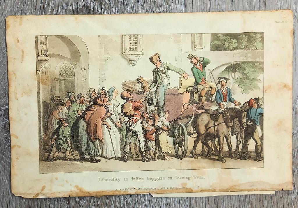 Aquatint 1817 Liberality to infirm beggars on leaving Yvri, Antiek en Kunst, Ophalen of Verzenden