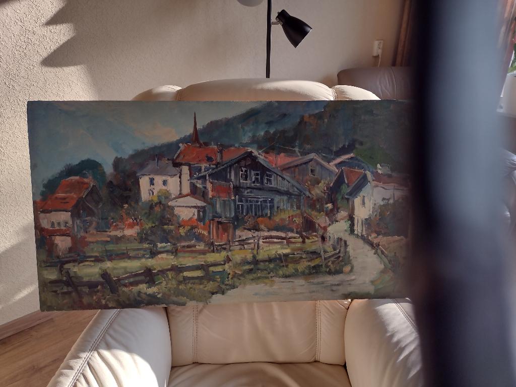 Bergdorp met riviertje loop door het dorp met berg, Antiek en Kunst, Ophalen of Verzenden