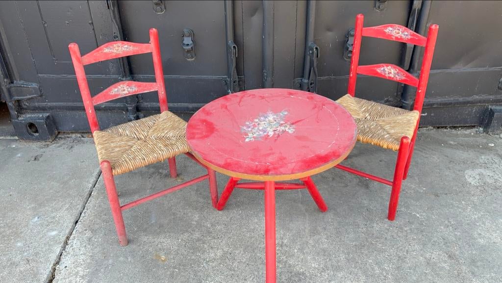 Vintage rood kinderzitje met tafel en 2 stoelen, Ophalen