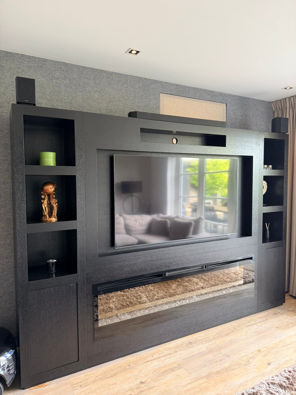 Luxe TV-wand met elektrische sfeerhaard – exclusief TV, Ophalen, Zo goed als nieuw, 25 tot 50 cm, Minder dan 100 cm