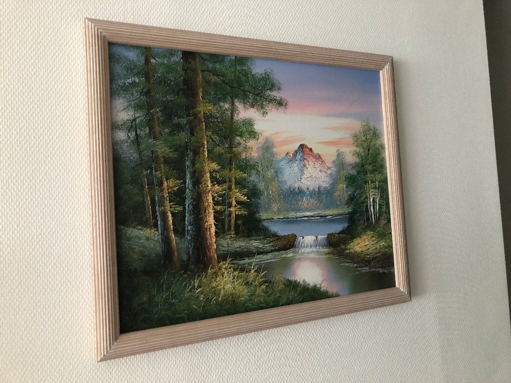 Schilderij handgeschilderd berg en rivier 66x56 cm ingelijst, Acrylverf, Doek, Ophalen of Verzenden, Landschap