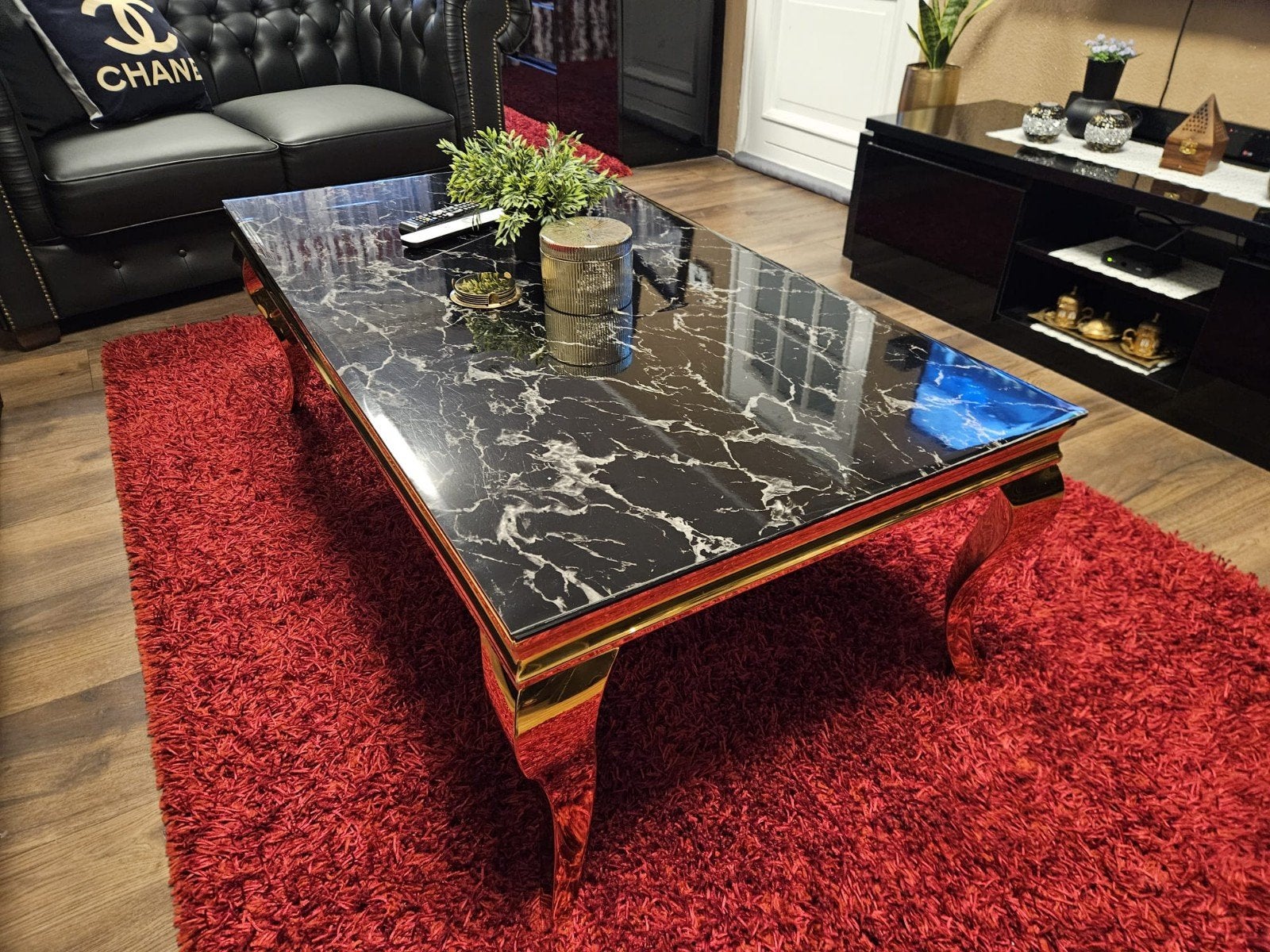 Luxe salontafel zwart hoogglans met gouden poten, Ophalen, Luxe, Modern, 100 tot 150 cm, 50 tot 100 cm