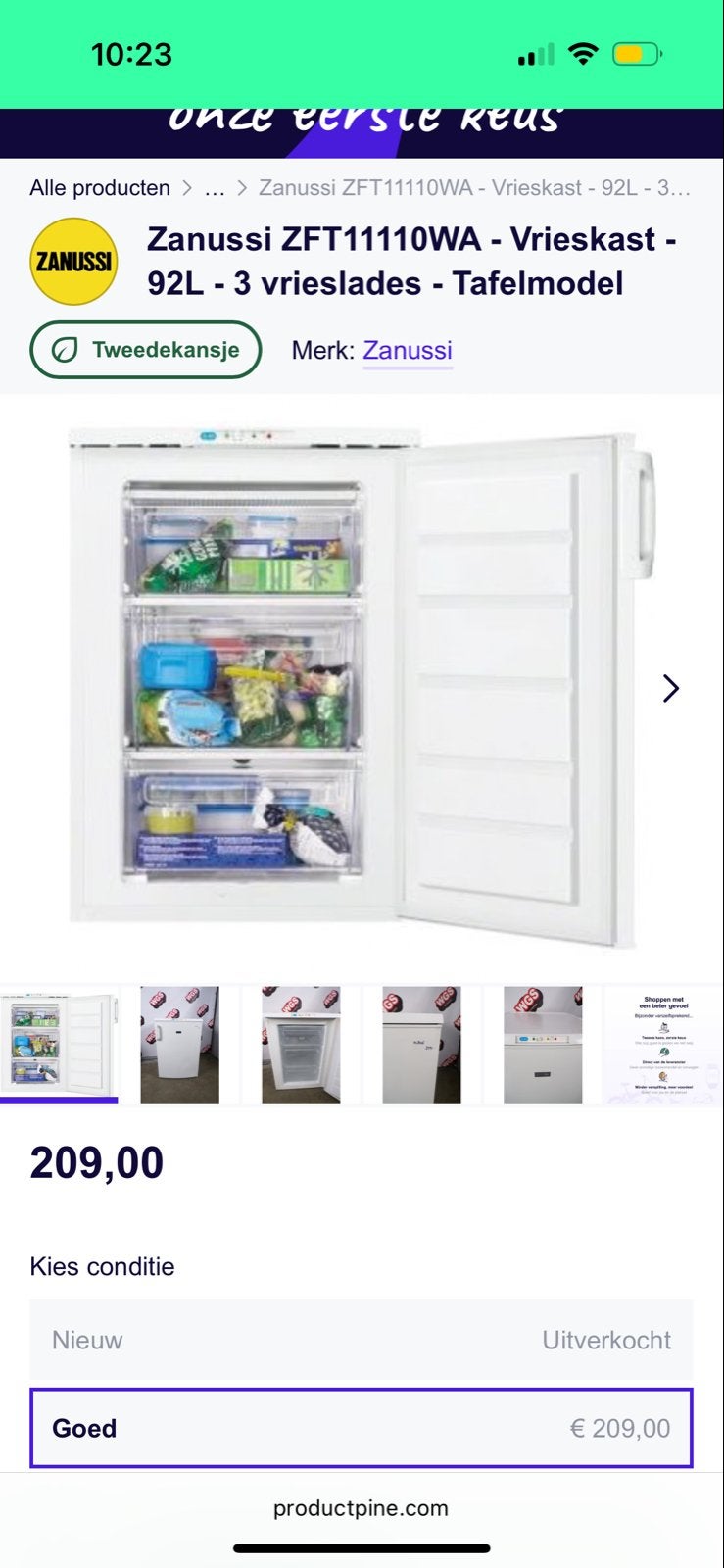 Zanussi ZFT11101WA Vriezer - 92L - Tafelmodel, Witgoed en Apparatuur, Koelkasten en IJskasten, Gebruikt, 75 tot 100 liter, Met aparte vriezer