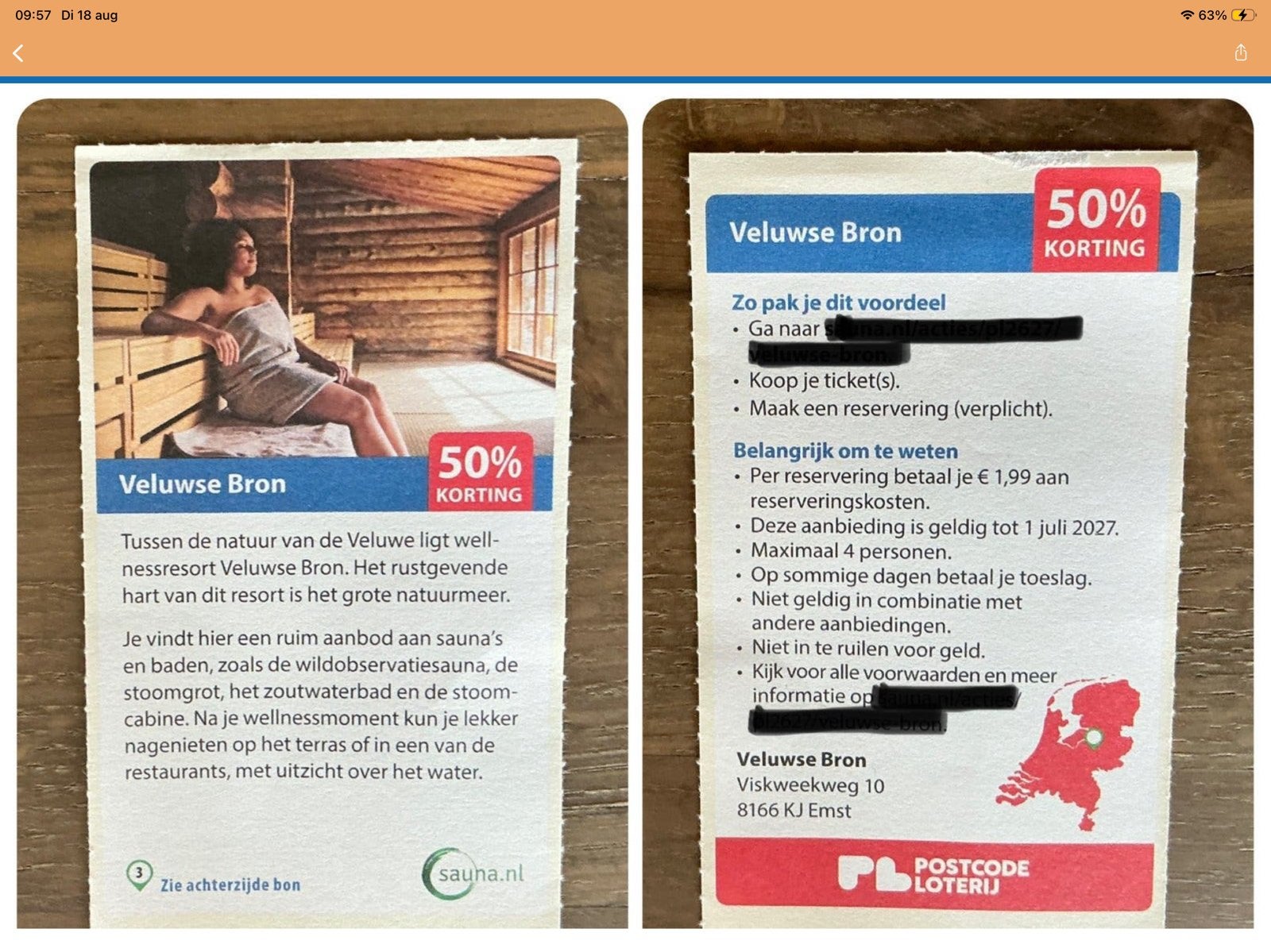 Kortingsbon Sauna Veluwse Bron 50% korting (KWF), Tickets en Kaartjes, Kortingen en Cadeaubonnen, Kortingsbon, Spa of Sauna