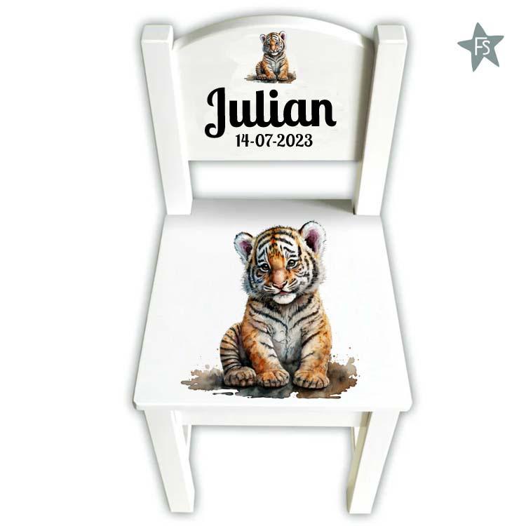 houten geboortestoeltje met naam en tijgertje, Kraamcadeau, Info@freubelshoponline.nl, Ophalen of Verzenden, Klimmen