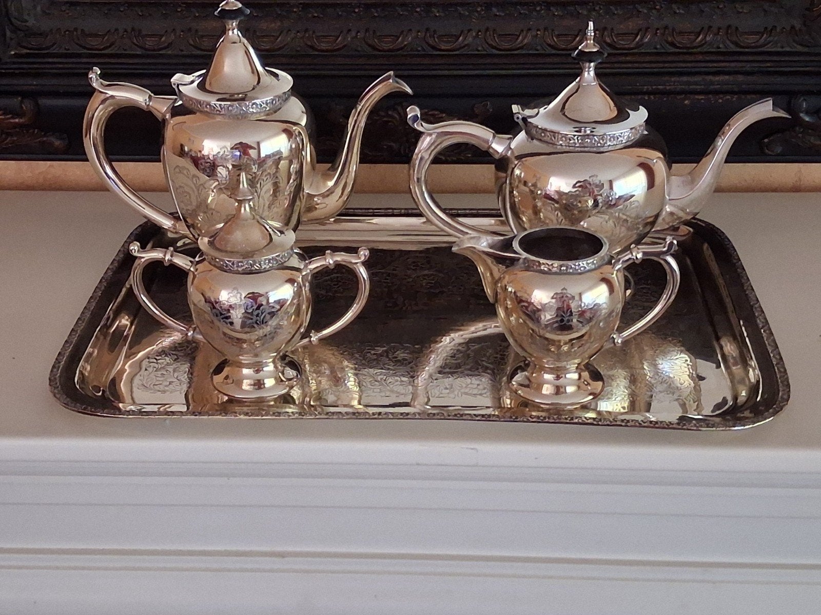 Verzilverd theeservies met dienblad - 5-delig, Ophalen