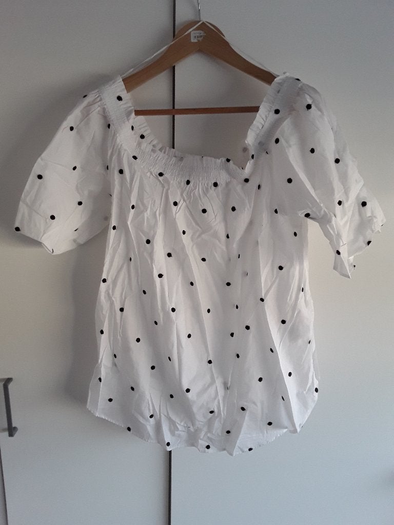H&M Witte Blouse Met Zwarte Dots Elastische Band Maat 50, H&M, Nieuw, Ophalen of Verzenden, Blouse of Tuniek