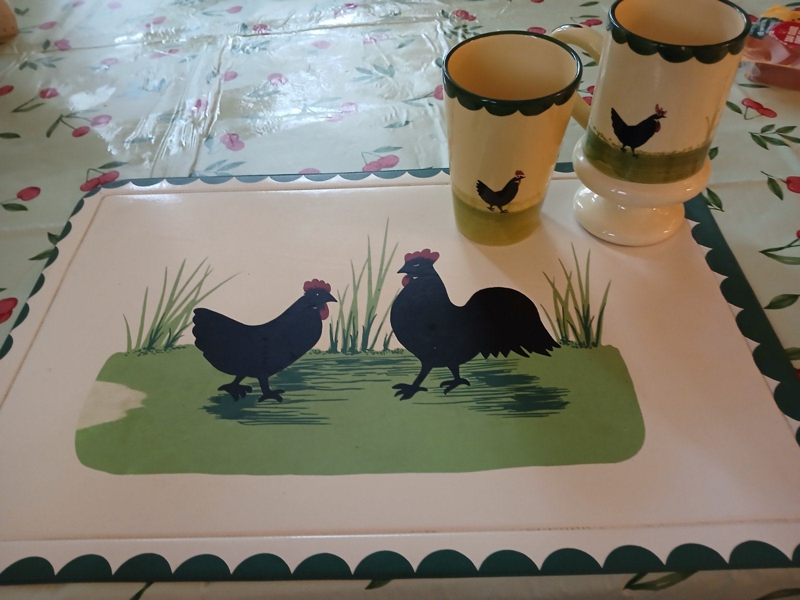 Vintage Kippenbekers met Placemat - Handgeschilderd, Ophalen of Verzenden