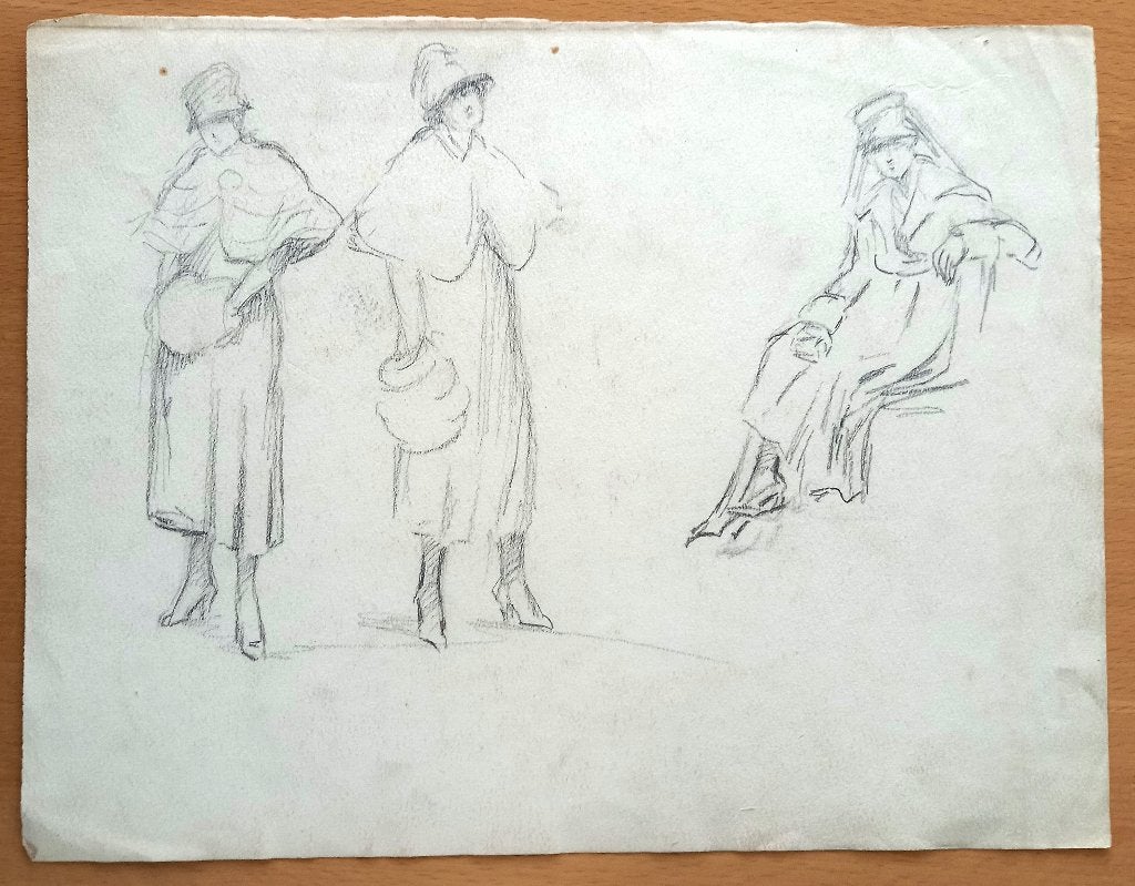 A493-55 Oude tekening Portret vrouw met hoed met sluier, Ophalen of Verzenden