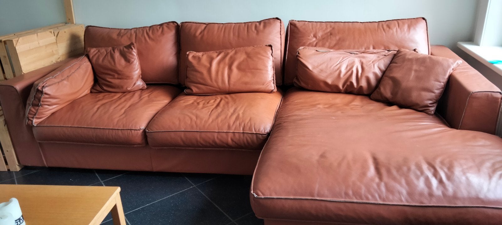 Luxe leren hoekbank cognackleur. 3.25 x 1.35, Ophalen, Gebruikt, Hoekbank, 300 cm of meer