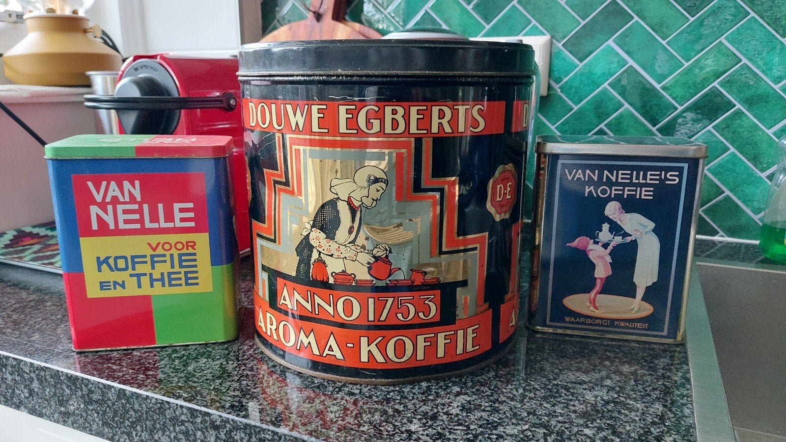 Set van 3 vintage Van Nelle en Douwe Egberts blikken, Ophalen, Gebruikt, Koffie, Van Nelle