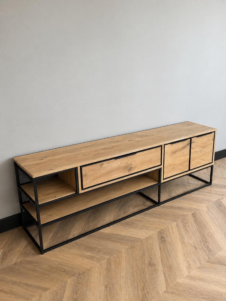 H&H City TV meubel 180 cm – Industrieel Hout & Staal, Ophalen, 150 tot 200 cm, Eikenhout, Hout en Stijl