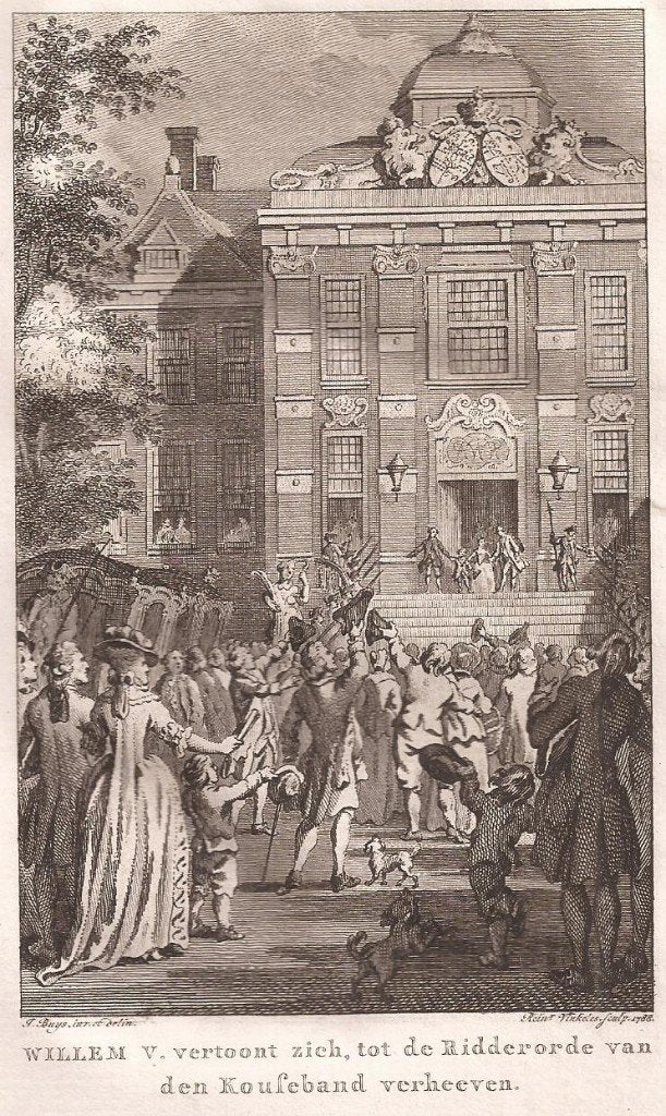 Willem V. vertoont zich, tot de Ridderorde v.d.Kouseband ver, Origineel, Ophalen of Verzenden, Gravure, 15 cm