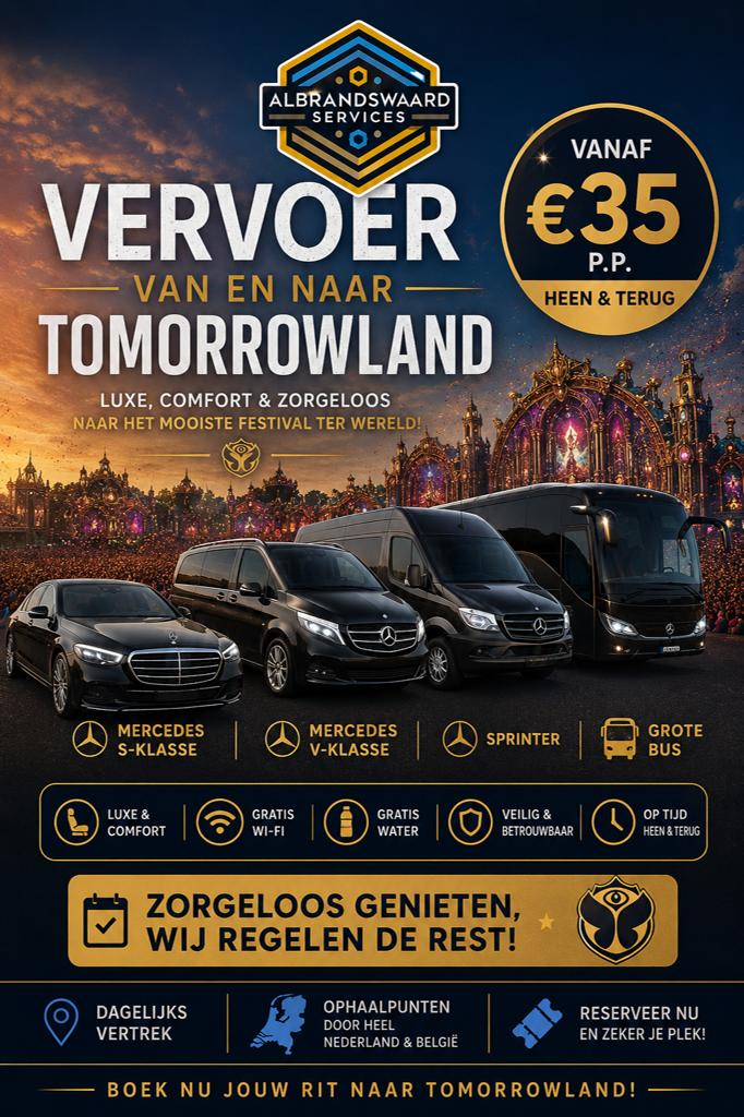 Tomorrowland Vervoer Heen & Terug Vanaf €35 p.p. Luxe VIP, Drie personen of meer, Meerdaags