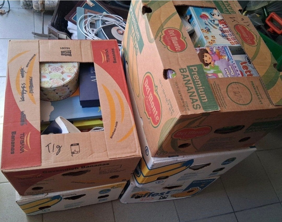 5 bananen dozen rommelmarkt spullen, Ophalen, Gebruikt