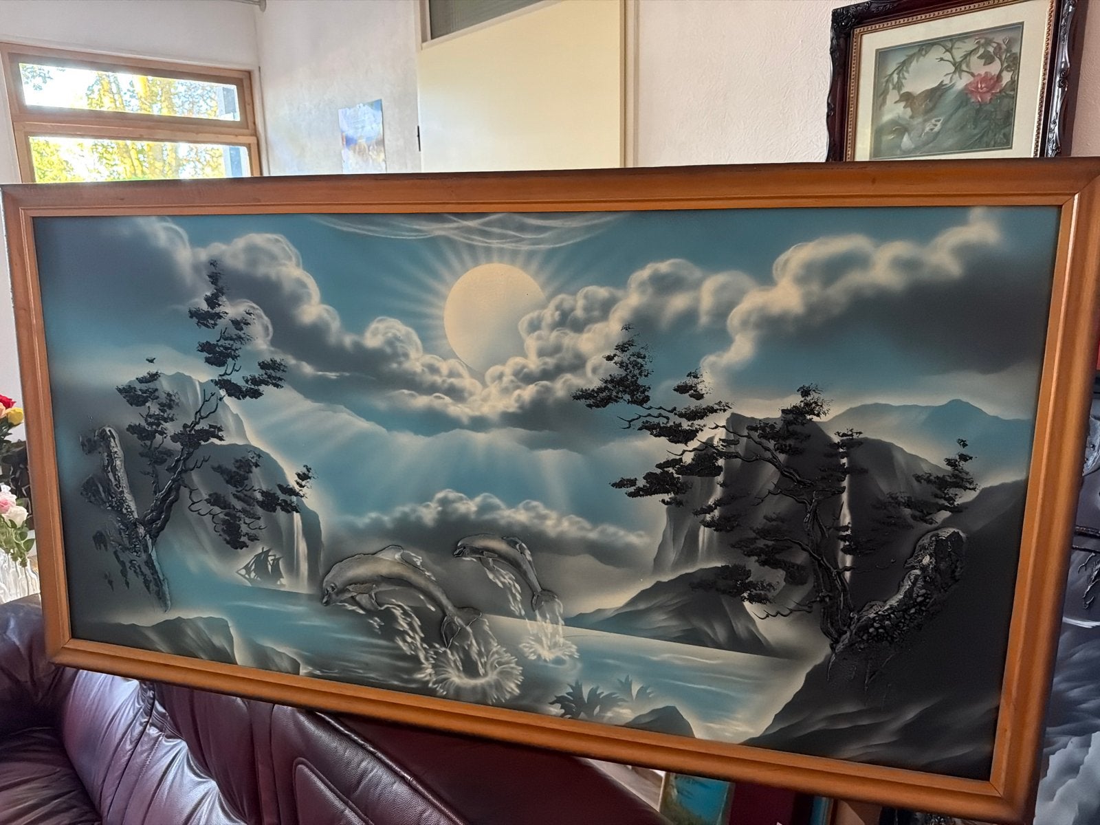 Groot Schilderij met Dolfijnen en Watervallen, Maritiem / water, Doek, Realistisch, Ophalen of Verzenden