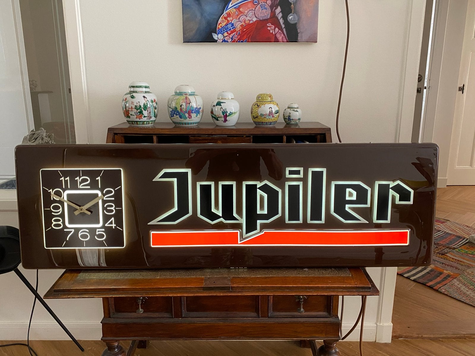 Vintage Jupiler lichtbak met klok - Uniek verzamelobject, Ophalen, Gebruikt, Reclamebord