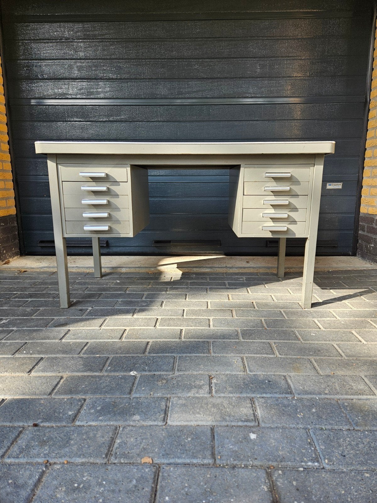 Vintage Leger Groen Metalen Bureau met Leren Bovenblad, Ophalen, Groen, Gebruikt, 120 cm