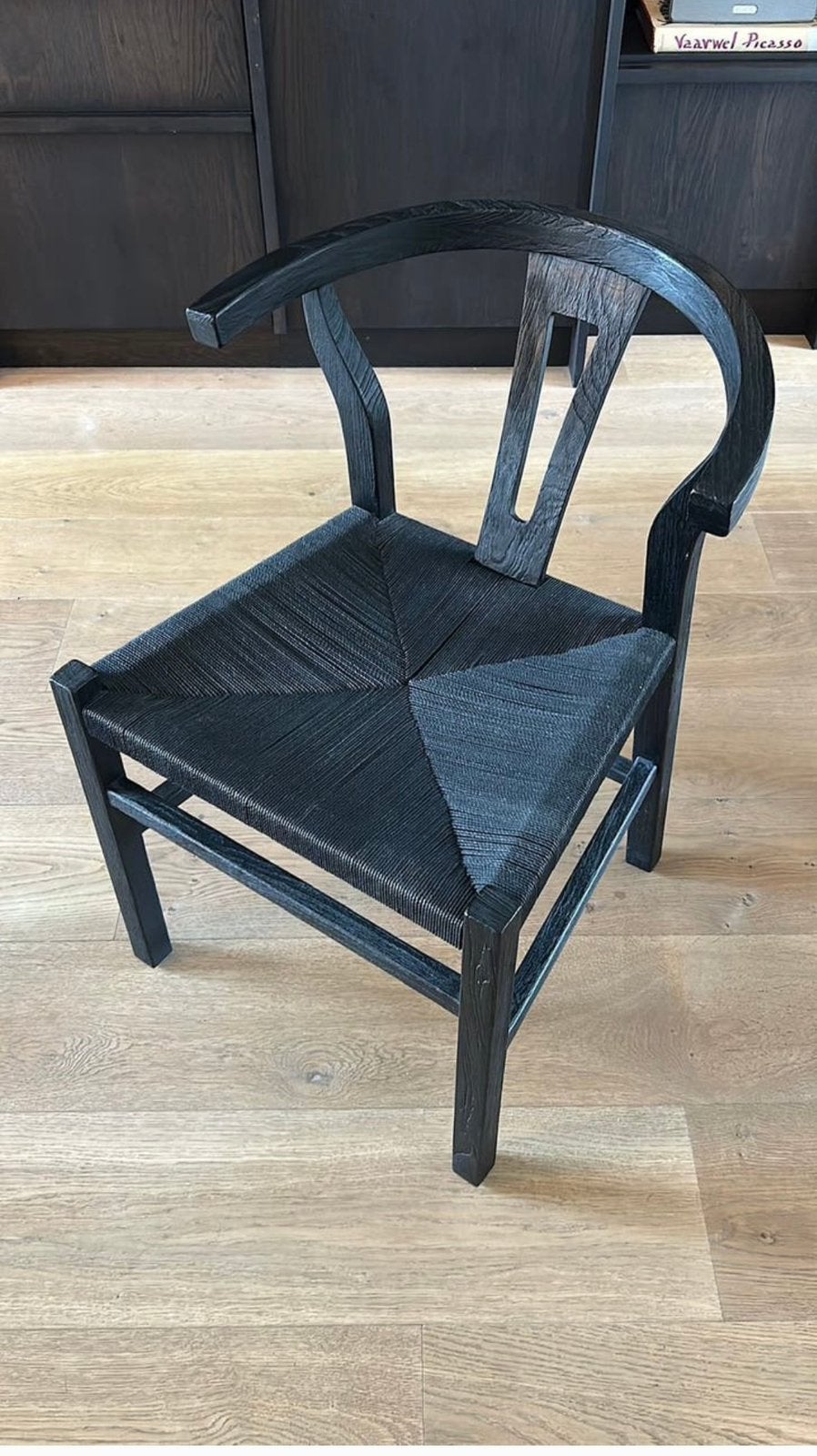 4x wishbone eetkamer stoel zwart teak papierkoord, Ophalen, Zo goed als nieuw, Zwart, Vier