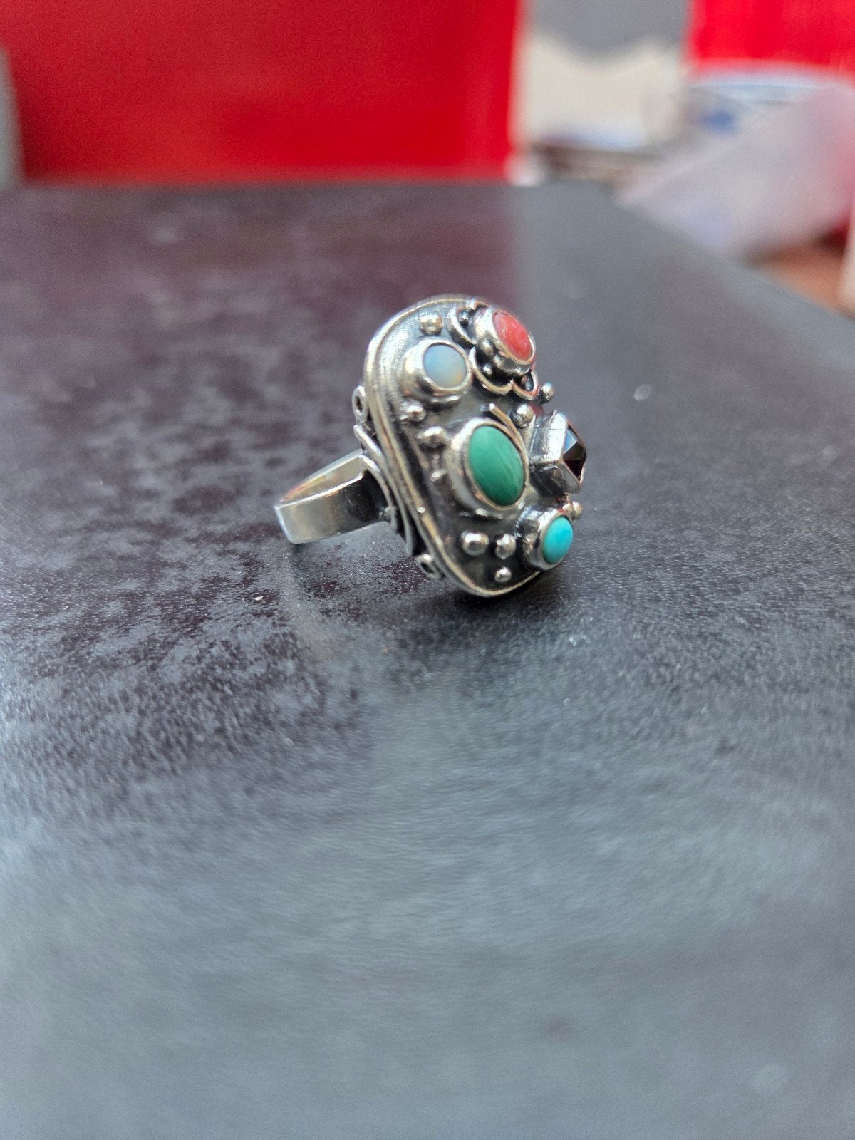 vintage zilveren etnische ring, cluster van edelstenen, Ophalen, Zo goed als nieuw, Dame, Zilver