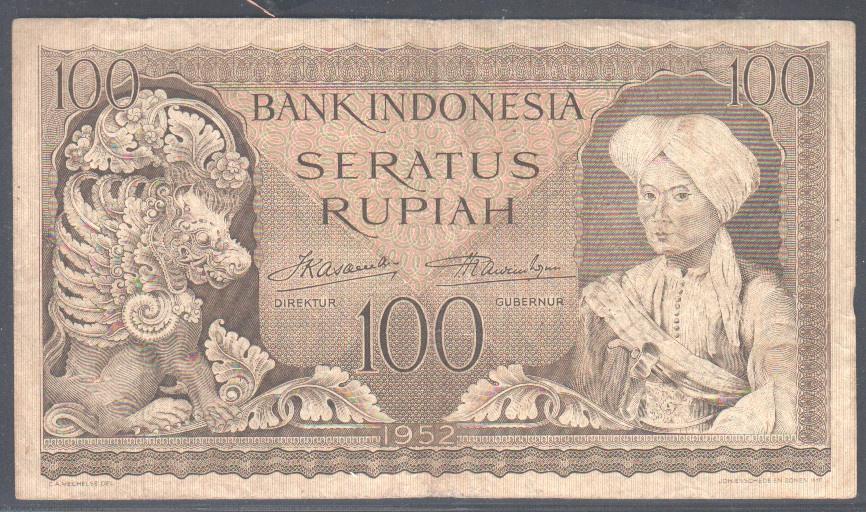 Indonesia 100 Rupiah 1952  (2) letters YR, Verzenden, Zuidoost-Azië, Los biljet