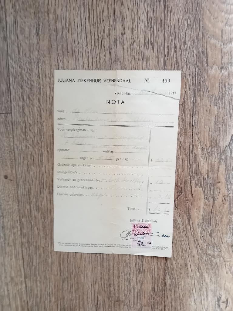 Oude nota 09-07-47 - Juliana Ziekenhuis - Veenendaal, Verzamelen, Ophalen of Verzenden, Gebruikt