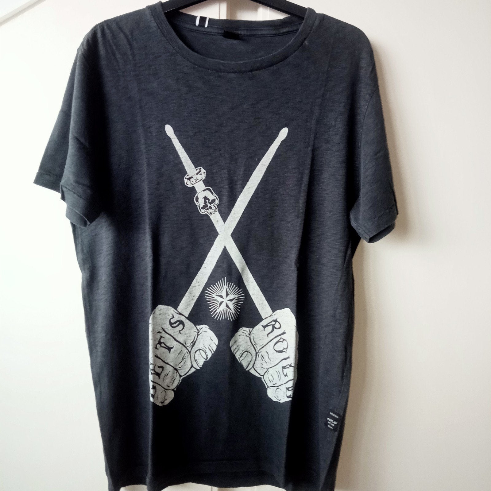 Replay T-shirt met drumstokken en vuisten print, Ophalen of Verzenden, Zo goed als nieuw, Grijs, Replay