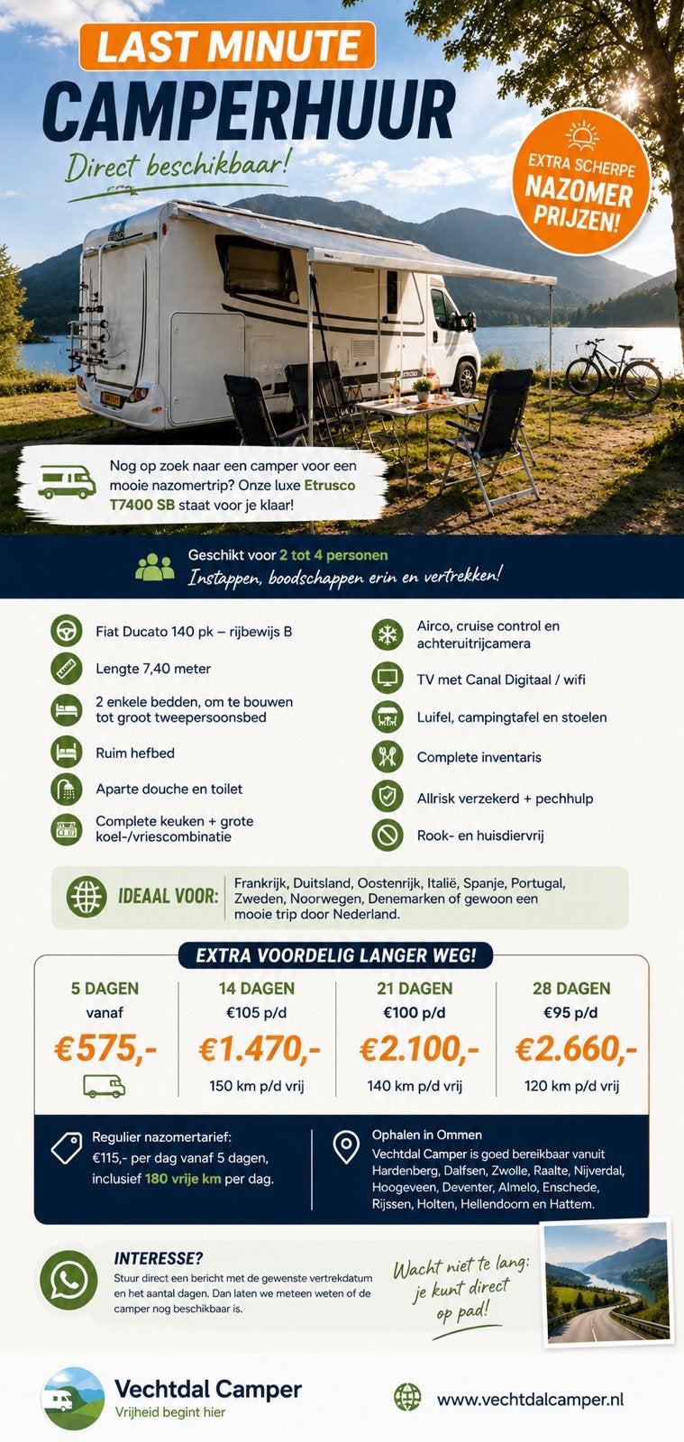 Te huur/te koop Etrusco  camper 4 pers. direct beschikbaar, Caravans en Kamperen, Verhuur