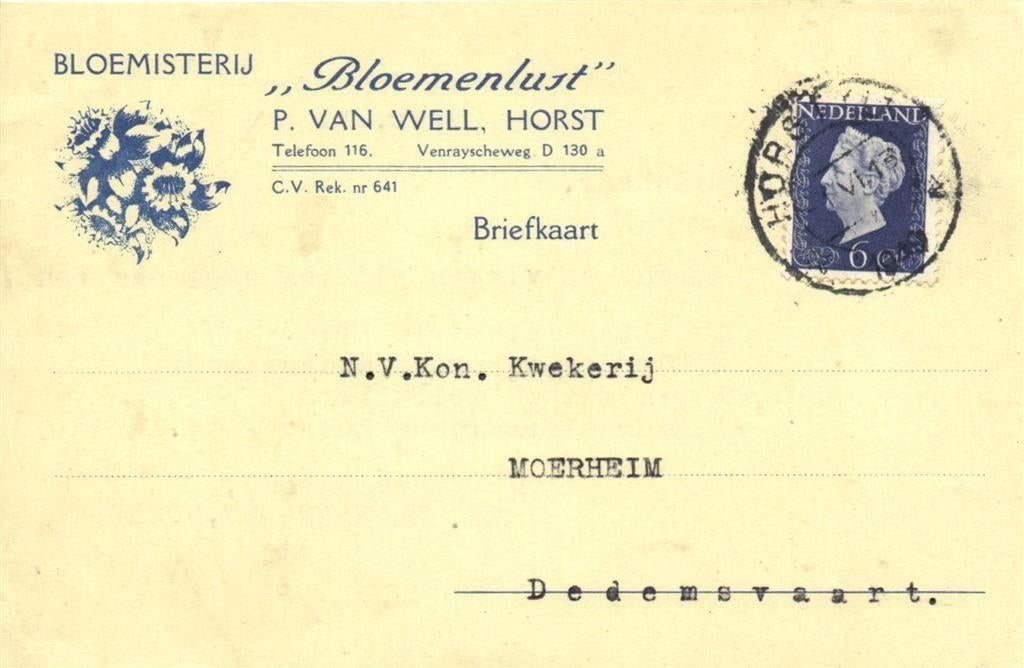 Bloemisterij Bloemenlust, P. van Well, Horst - 05.1949 - bri, Ophalen of Verzenden, Briefkaart