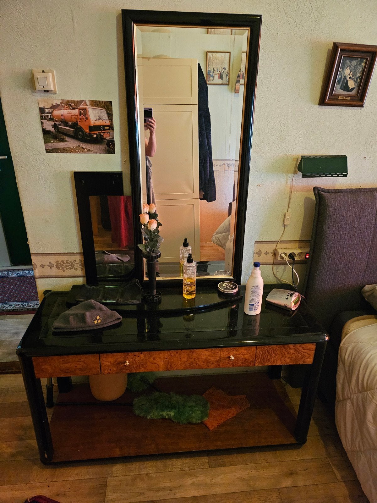 Art Deco Kaptafel,Spiegel,Kledingkast met Wortelhoutfineer, Huis en Inrichting, Tafels | Kaptafels, Ophalen, Gebruikt, 100 tot 150 cm