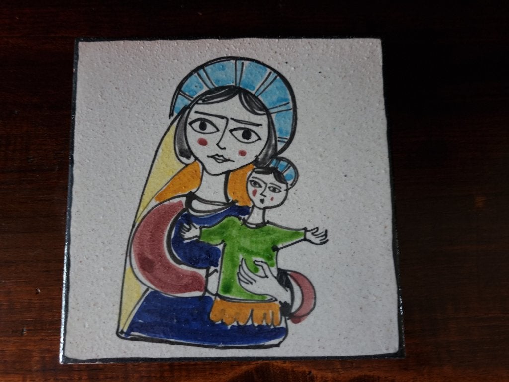 Vintage Religieuze Tegel "Madonna en Kind"., Antiek en Kunst, Antiek | Religie, Ophalen of Verzenden