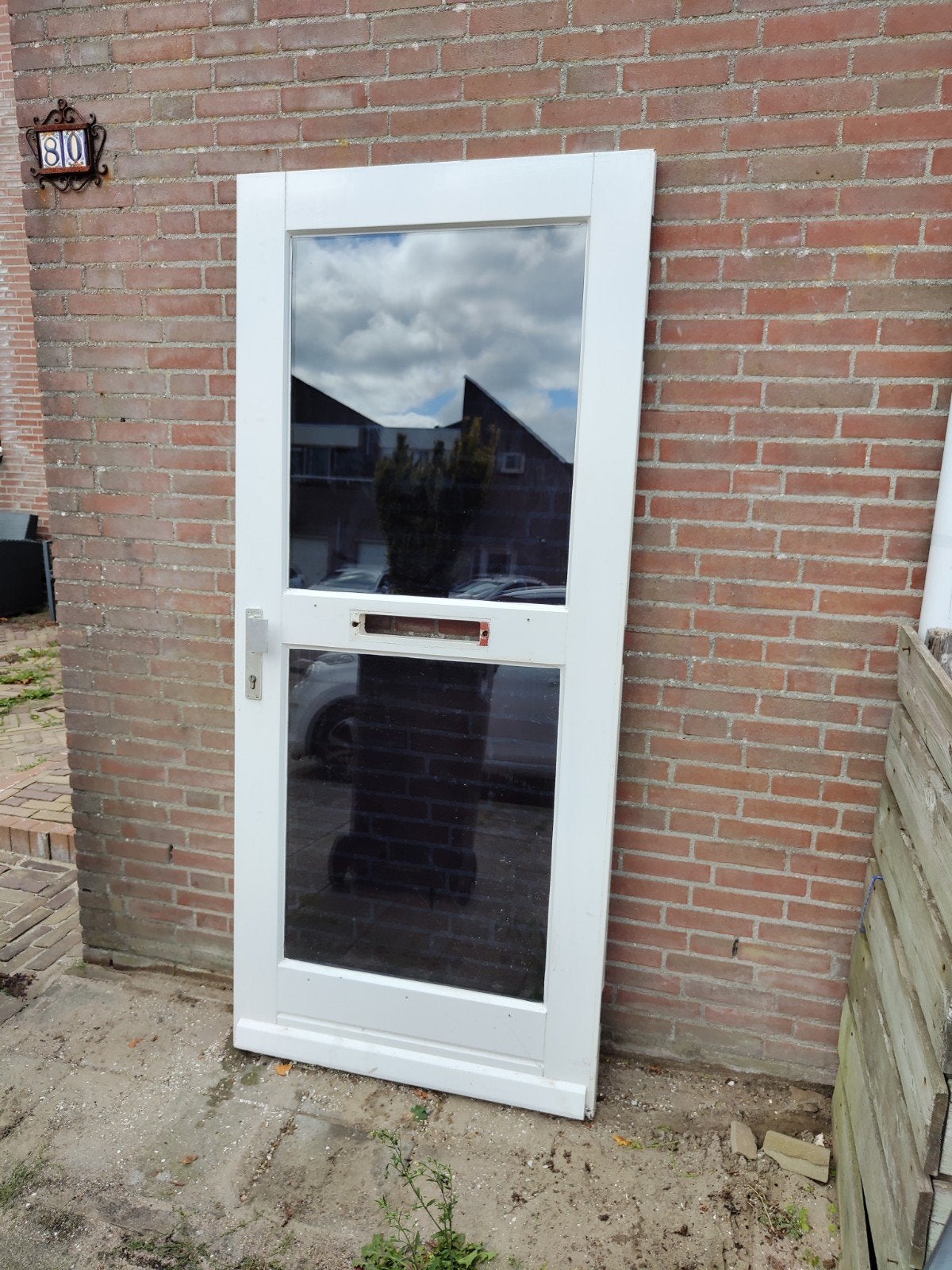 Hardhouten buitendeur met glas 211 x 93 cm, Doe-het-zelf en Verbouw, Ophalen, Gebruikt, 80 tot 100 cm, Buitendeur