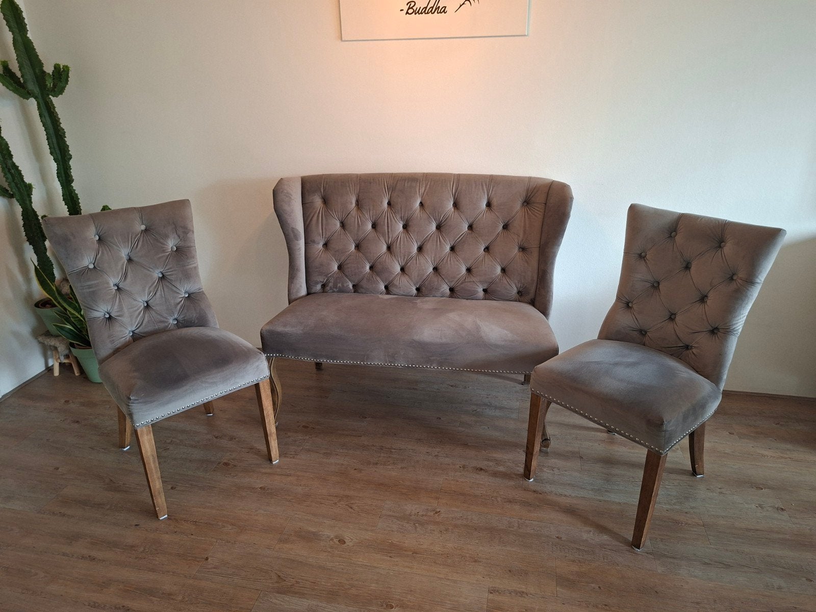 Dubbelman Design Eettafelstoelen en Bank - Grijs Velvet, Ophalen, Zo goed als nieuw, Stof, Design, Klassiek, Velvet