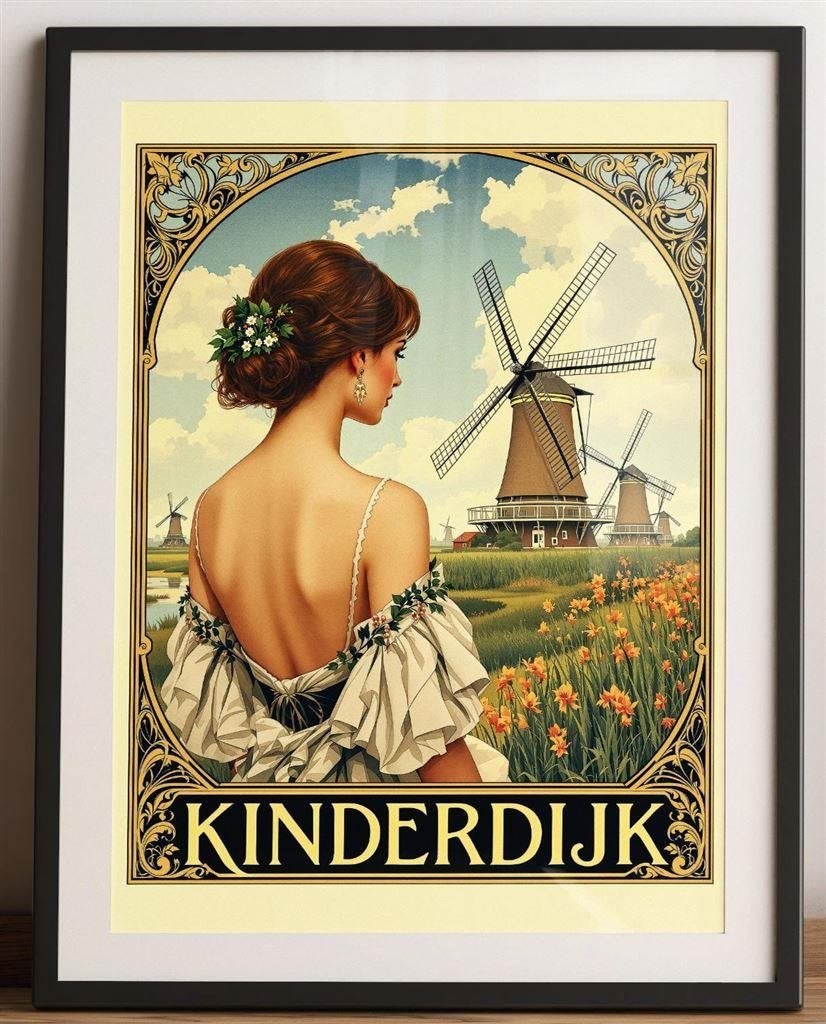 KINDERDIJK Windmolens | Vintage Poster affiche Art Nouveau, Verzenden