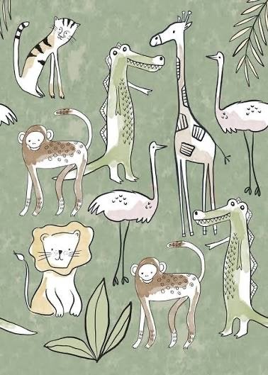 Kinder Fotobehang Dutch Olive & Noah INK7809 - Jungle Dieren, Dutch Wallcoverings, Groen, Ophalen of Verzenden, Fotobehang