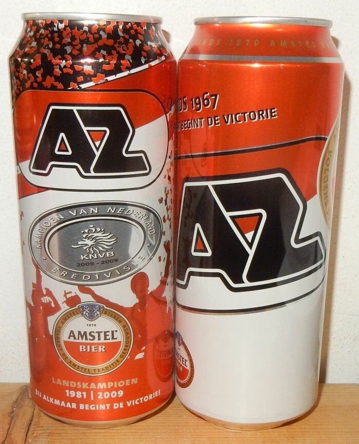 2 AZ Alkmaar Amstel Bier blikjes (50cl) Seizoenen 2008-2010, Ophalen of Verzenden, Zo goed als nieuw, Overige typen, Amstel