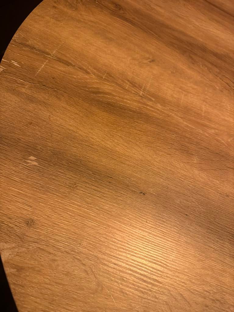 Ronde eettafel met houtlook blad en metalen poten, Ophalen, Gebruikt, 100 tot 150 cm, Rond