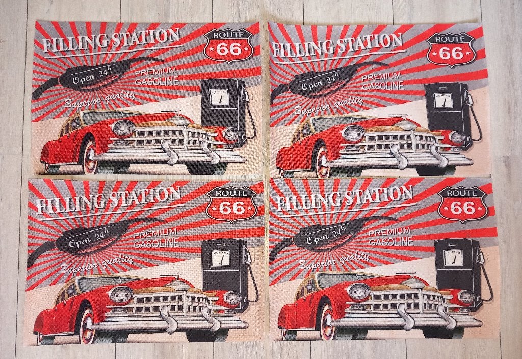 4 Nieuwe Placemats / onderzetters Route 66 Filling Station, Ophalen of Verzenden, Placemat, Nieuw