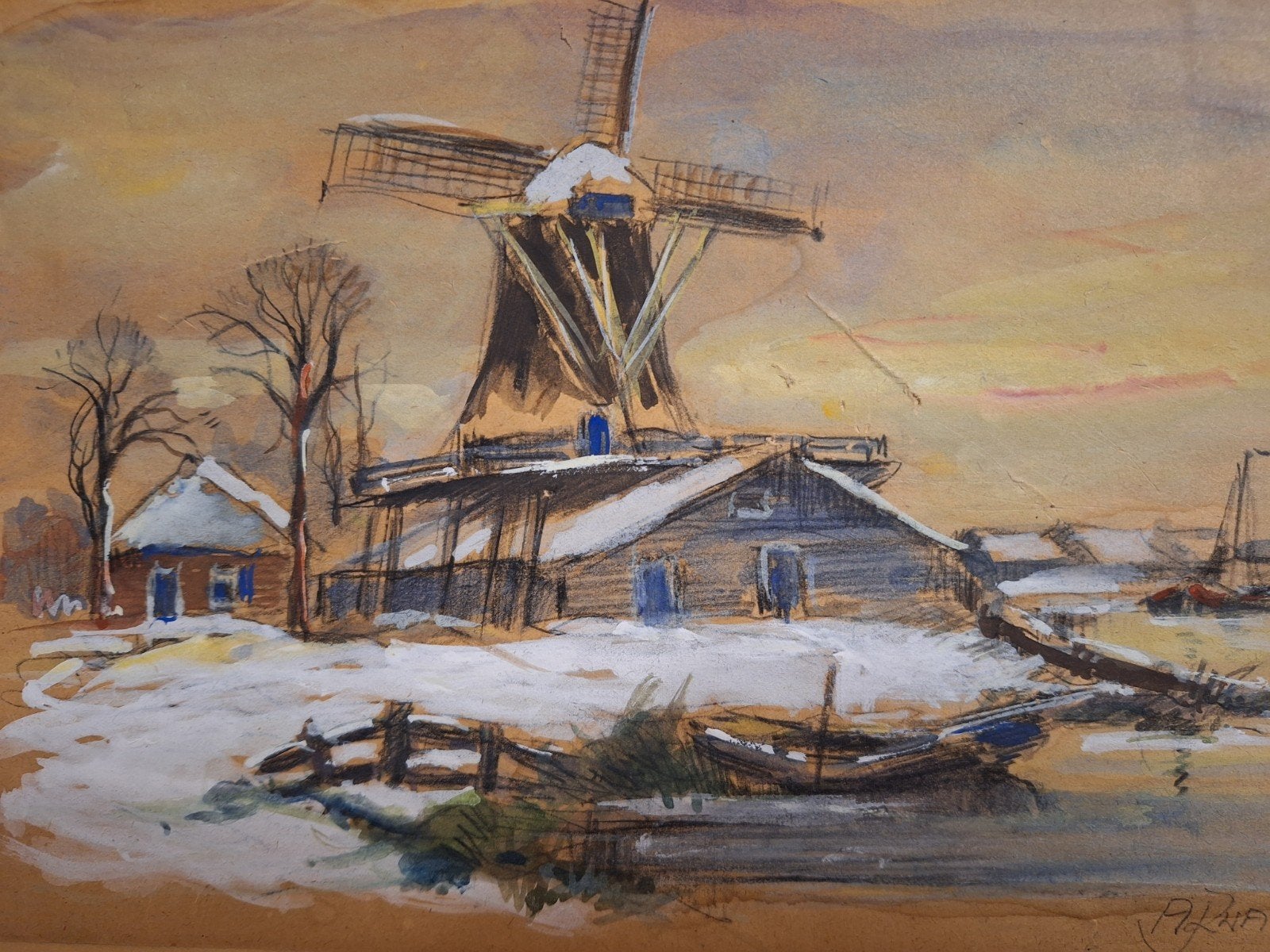 Aquarel Molen door A.J. Zwart, Gesigneerd, Realistisch, Ophalen of Verzenden, Landschap