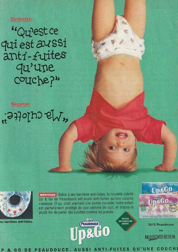 Retro reclame 1994 Peaudouce baby luiers ook op de kop, Verzenden, Overige typen
