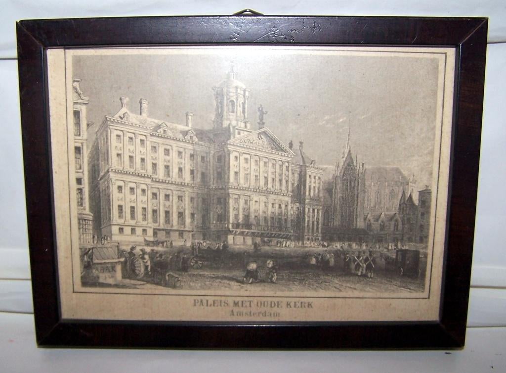 Antieke prent-Paleis met Oude Kerk Amsterdam.18,5x14cm. Izgs, Antiek en Kunst, Kunst | Tekeningen en Foto's, Ophalen of Verzenden