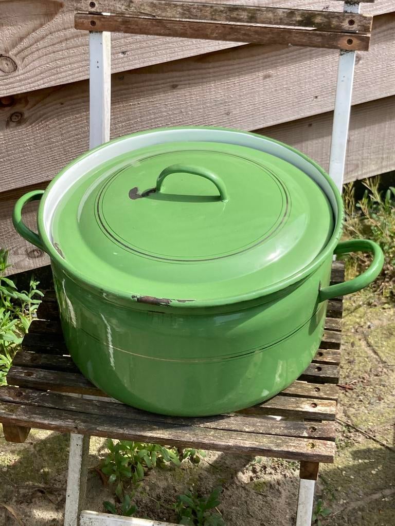 Vintage groen emaille pan (130424), Antiek en Kunst, Antiek | Emaille, Ophalen