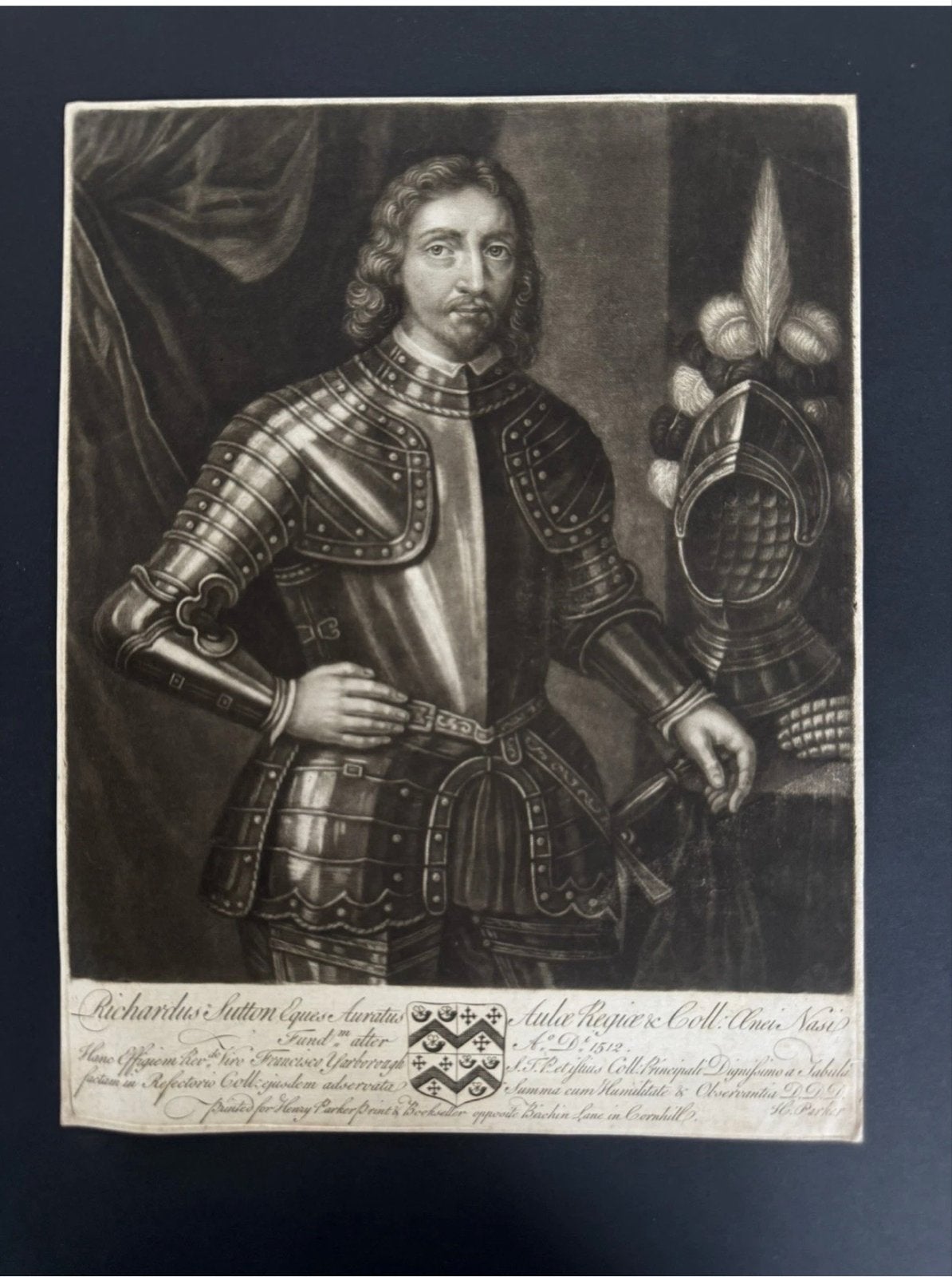 Antieke Gravure Sir Richard Sutton Portret in Harnas – 18e, Portret, Ophalen of Verzenden, Gravure, Origineel