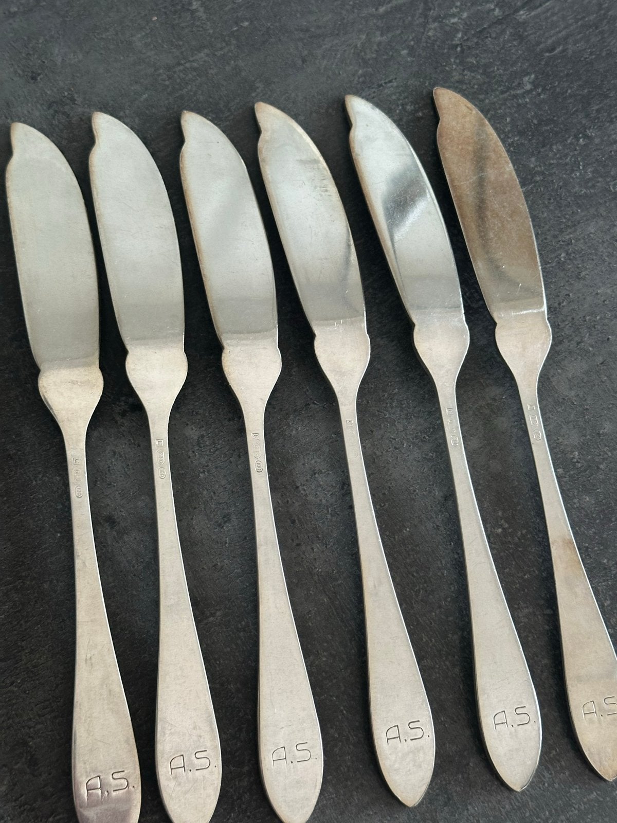 Set van 6 Gero 100 verzilverde Vis messen , gemerkt A.S., Antiek en Kunst, Antiek | Bestek, Ophalen of Verzenden