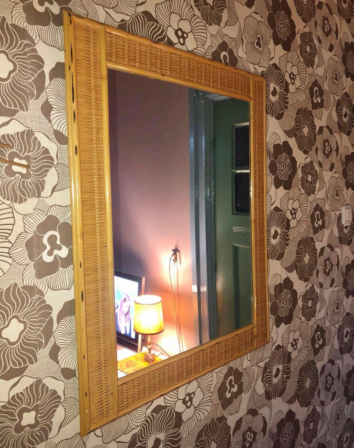 Grote vintage bamboe spiegel, retro, bohemian, Ophalen of Verzenden, Zo goed als nieuw, Minder dan 100 cm, Rechthoekig