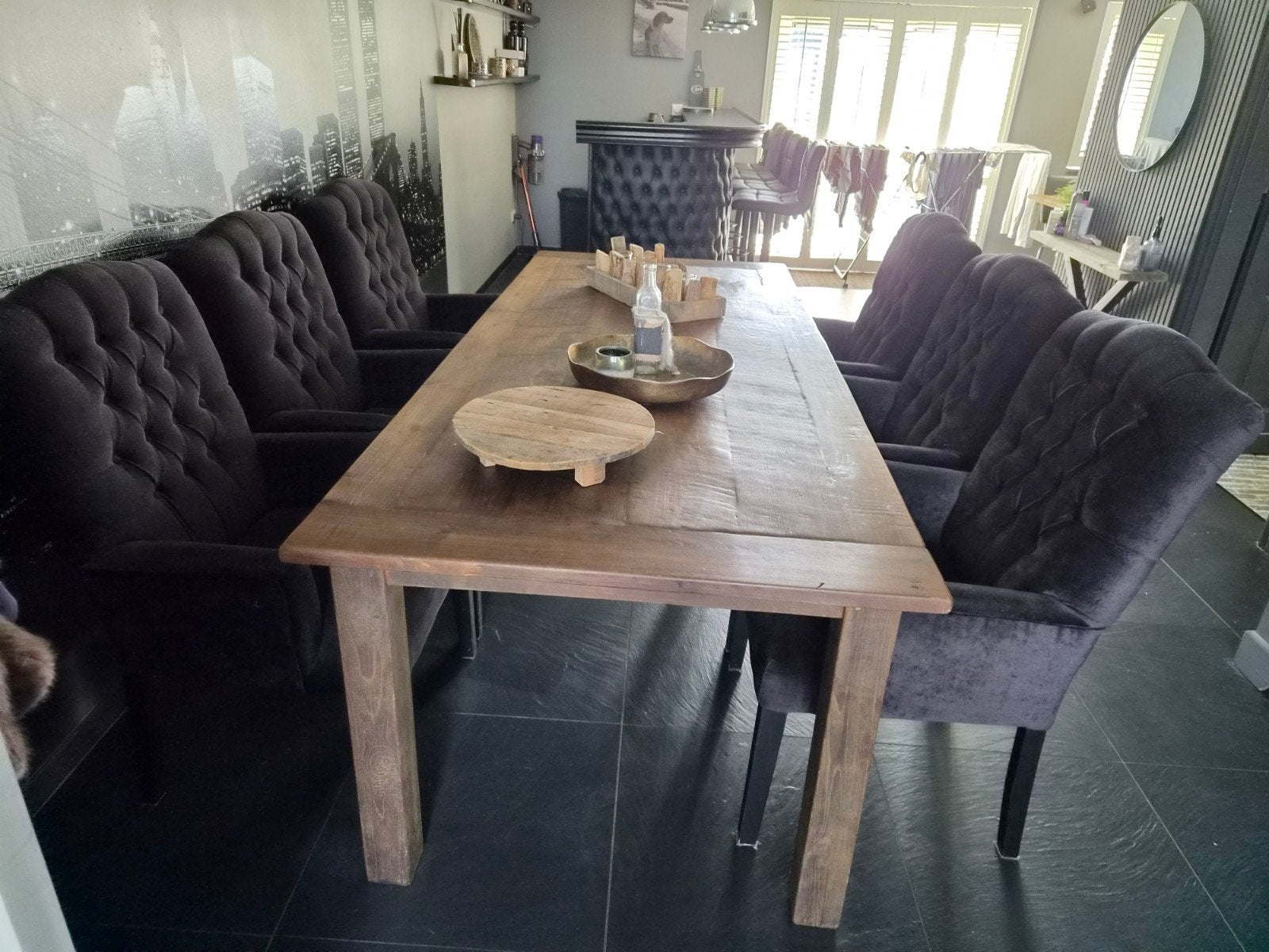 Set van 6 grijze landelijke eetkamerstoelen met armleuning, Ophalen, Gebruikt, Grijs, Vijf, Zes of meer stoelen