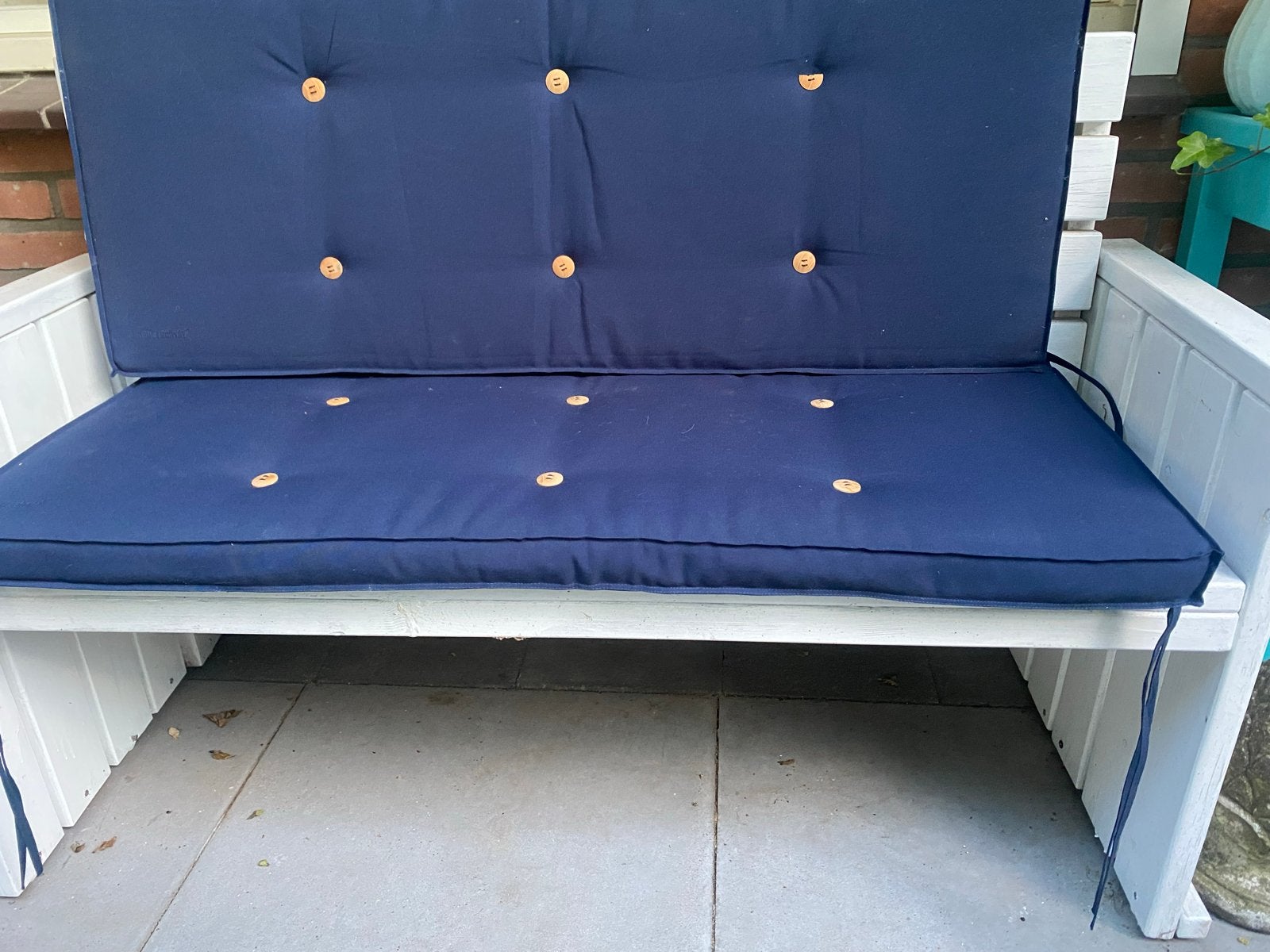 Tuinbankje met blauwe kussens - Zo goed als nieuw!, Ophalen of Verzenden, Zo goed als nieuw, Hout