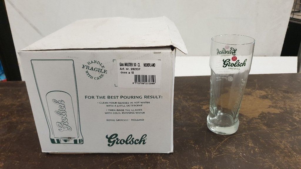 12 stuks Grolsch Master bierglas 50cl nieuw in doos, Ophalen of Verzenden, Nieuw, Glas of Glazen, Grolsch